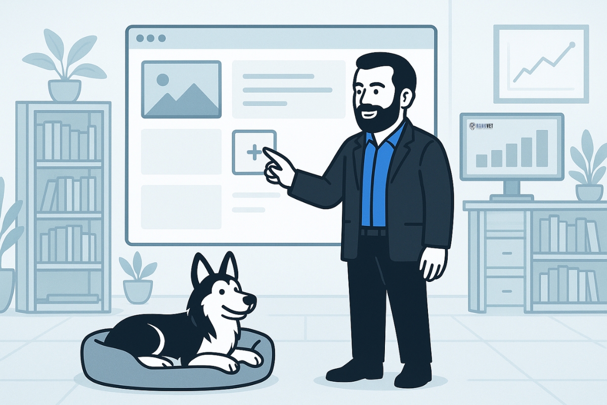 RankVet Illustration where man is showing where blocks should be added for a great website and dog is laying near him