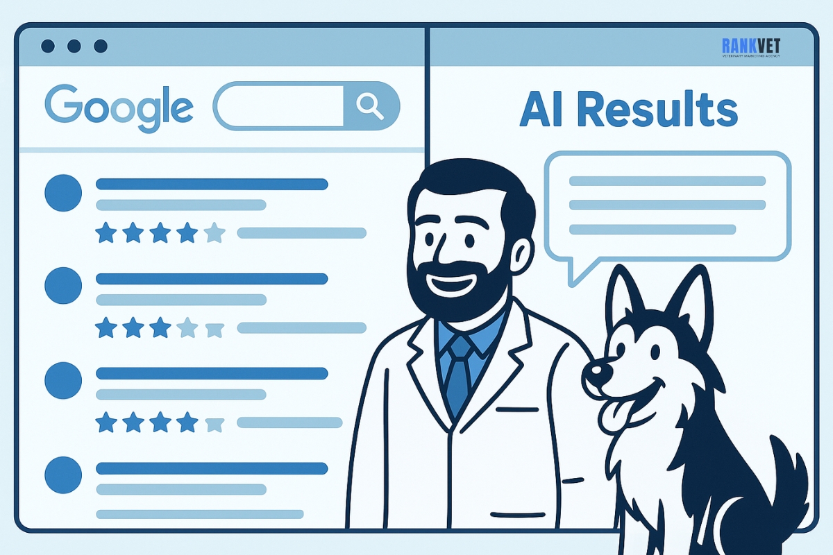 Cartoon vet and dog with AI search results.