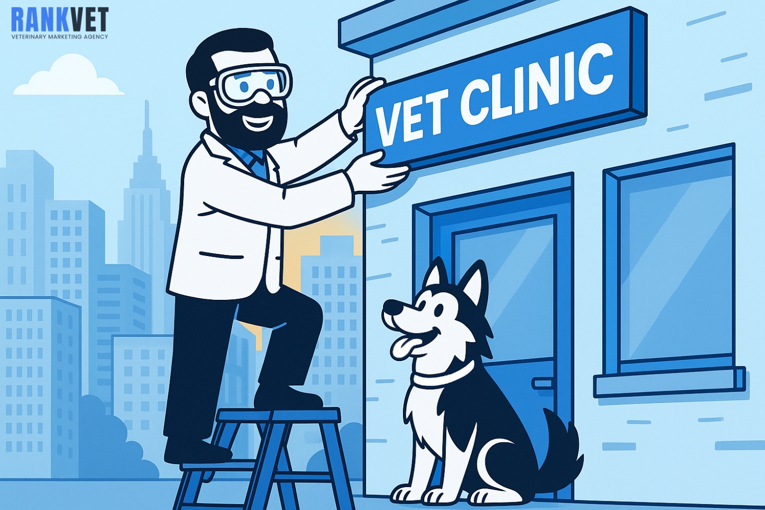 Cartoon vet installing clinic sign with dog nearby.
