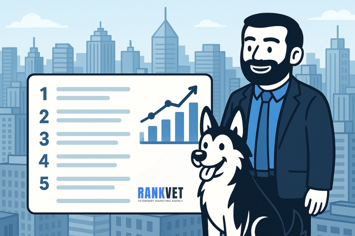 Veterinary marketing agency cartoon with graph and dog.